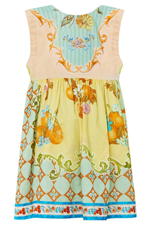 The Girls' Piper Dress by Hunter Bell NYC features a sleeveless kids' silhouette with floral and fruit patterns, blending geometric and decorative designs in pastel yellow, blue, and orange hues.