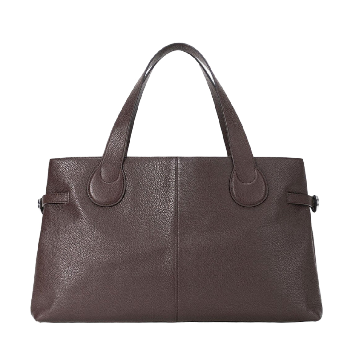 The Staud Piper Tote is a brown leather work bag with two handles, a structured, minimalist design, and subtle buckle accents.