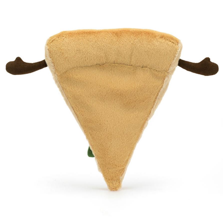 The Jellycat Amuseables Slice of Pizza is a plush toy shaped like a pizza slice, featuring brown stick-like arms and an irresistibly cute design.