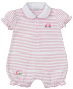 The Kissy Kissy Baby Girls' Fairway Foursome Striped Short Playsuit is an adorable pink and white romper with a classic white collar, button front, and charming tractor embroidery. Crafted from soft Pima cotton, it ensures comfort and style for your little one.