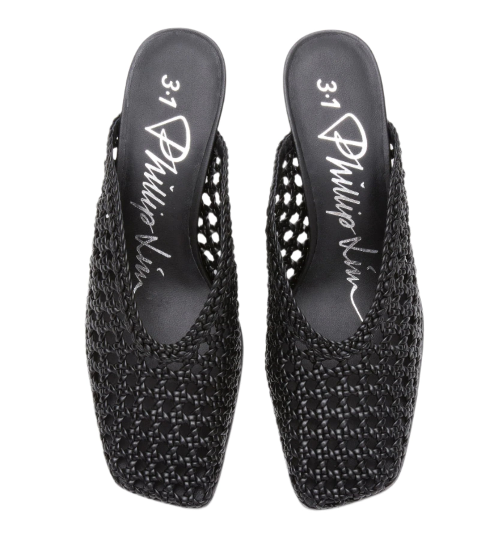 The 3.1 Phillip Lim ID Macrame Mule is a black, open-back slip-on with squared toes, handwoven faux leather, branded insoles, and an elegant architectural design.