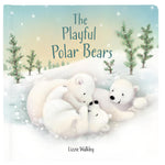 The cover of the "Jellycat The Playful Polar Bear Book" by Lizzie Walkley showcases three joyful polar bears playing in a snowy landscape with small trees, setting the scene for a charming rhyming tale.