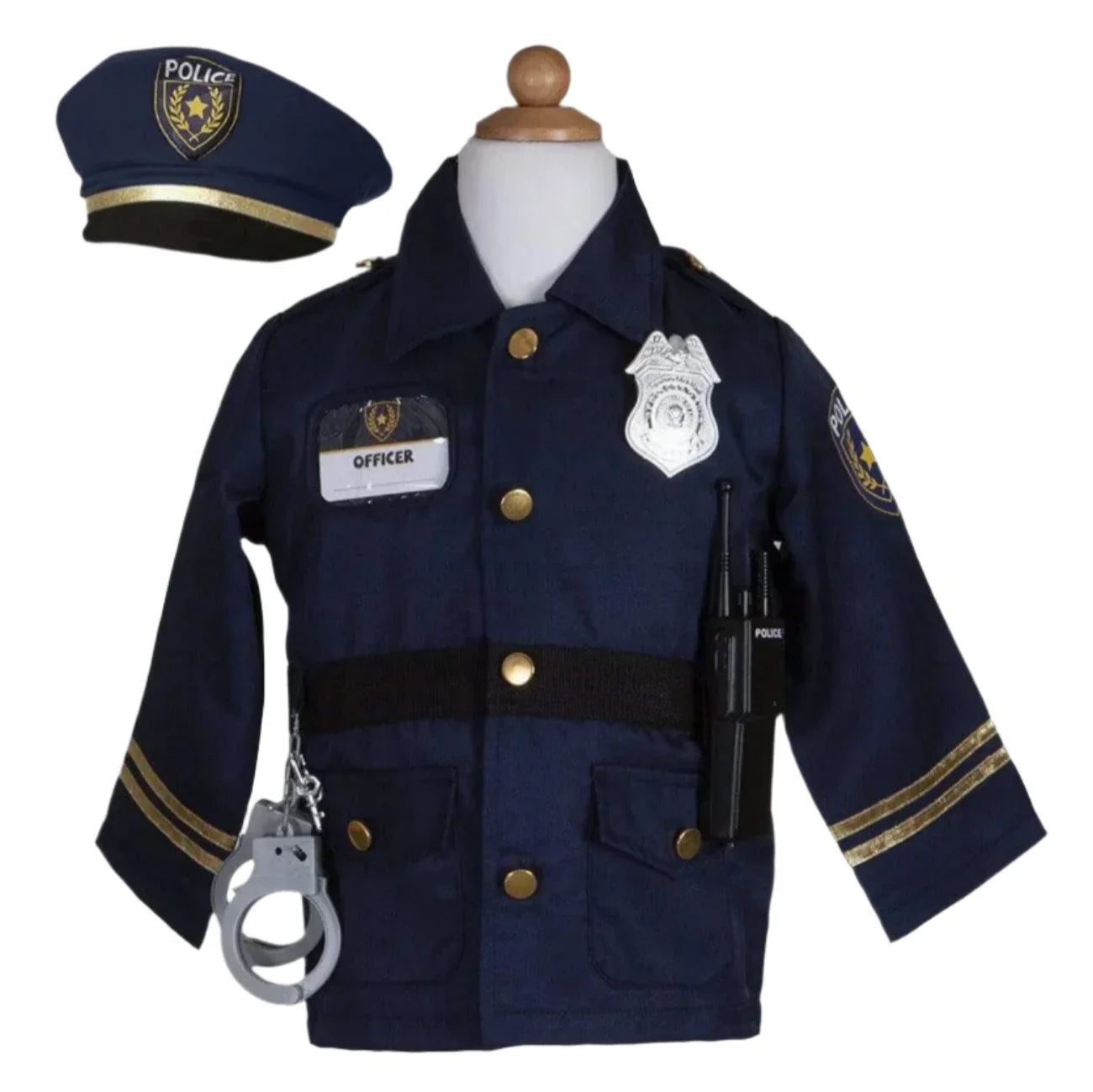 The Great Pretenders Police Officer Set includes a navy blue jacket, cap, handcuffs, badge, and toy radio on a mannequin torso—perfect for kids’ imaginative role-play and dress-up fun.