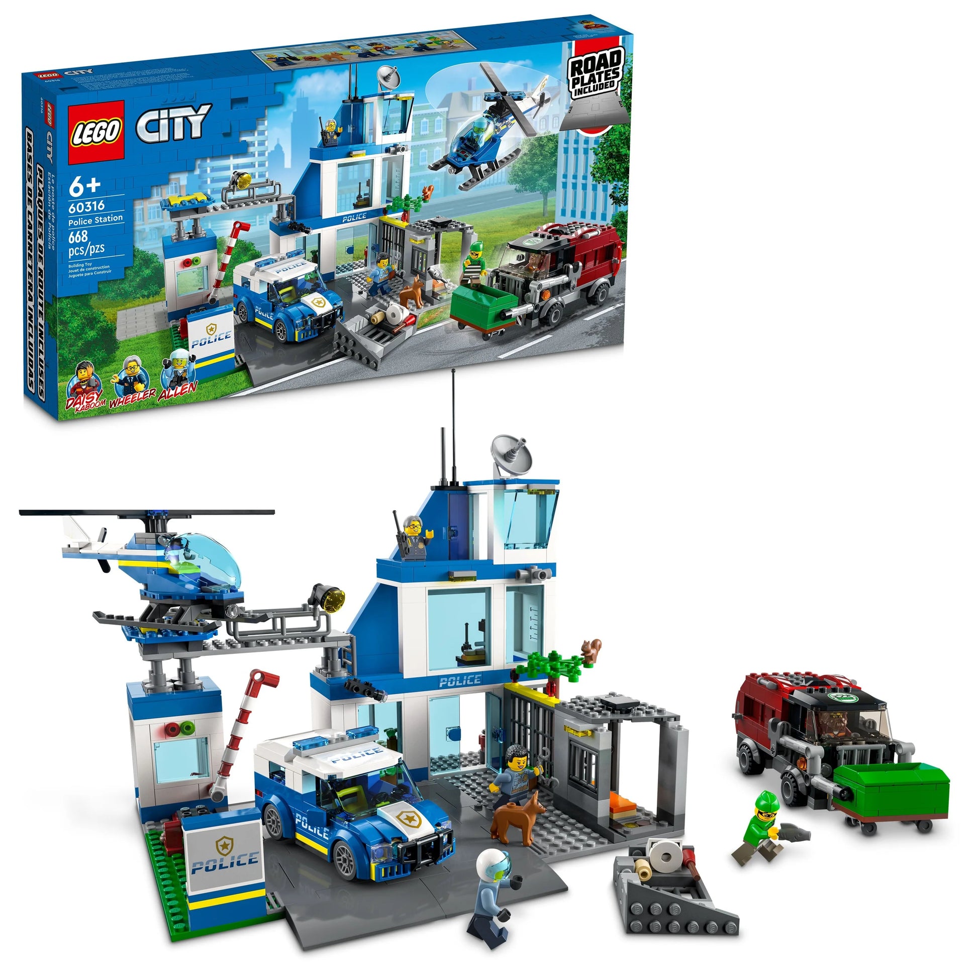 The LEGO® City Police Station set from Legos - Toyhouse offers exciting action with a range of police vehicles, a helicopter, and engaging minifigures, including a clever police dog and a crafty crook, while the box is displayed in the background.