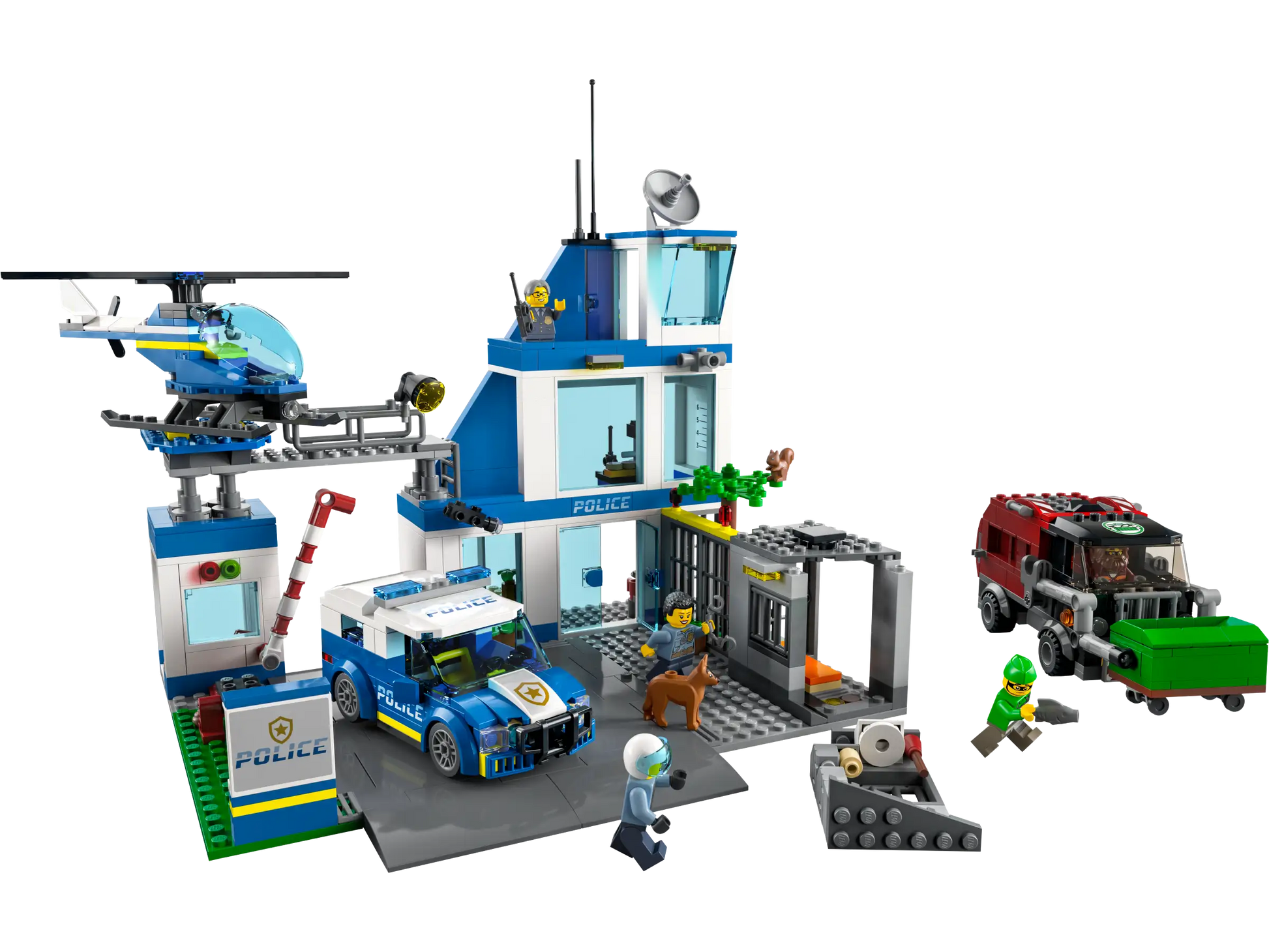 The LEGO® City Police Station set by Legos - Toyhouse features figures, a police dog, a helicopter, a police car, jail cells, and a red getaway vehicle.