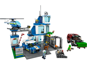 The LEGO® City Police Station set by Legos - Toyhouse features figures, a police dog, a helicopter, a police car, jail cells, and a red getaway vehicle.