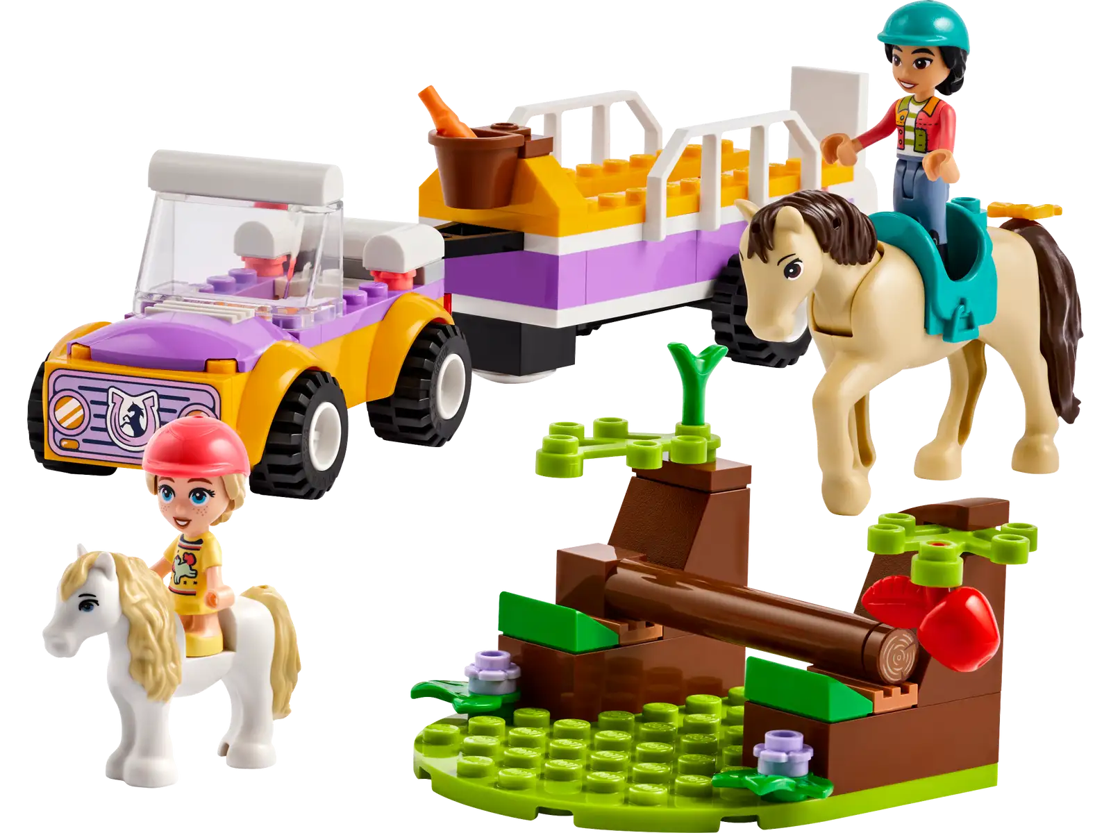 Lego set displaying two figures riding horses along with a purple and yellow vehicle. The small green playset includes a tree, stream, and comes with the LEGO® Friends Horse and Pony Trailer by Legos - Toyhouse for your riding trip adventure.