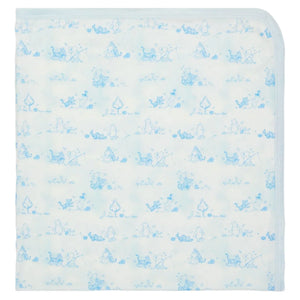 The Magnetic Me Pooh in the Woods Blanket is a white baby blanket featuring light blue prints of playful bears and trees in repeated patterns, crafted from eco-friendly modal fabric.