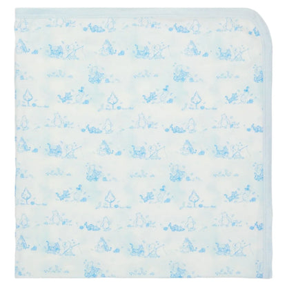 The Magnetic Me Pooh in the Woods Blanket is a white baby blanket featuring light blue prints of playful bears and trees in repeated patterns, crafted from eco-friendly modal fabric.