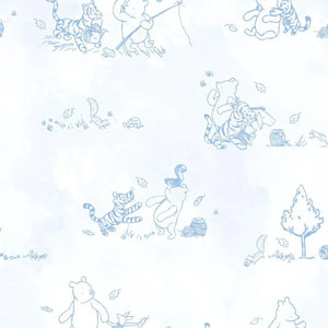 The Magnetic Me Pooh in the Woods Bib 3-Pack features whimsical blue sketches of cartoon characters fishing, playing, and sitting among trees, leaves, and honey pots on a white background. The design beautifully complements the eco-friendly TENCEL™ modal material for a sustainably stylish look.