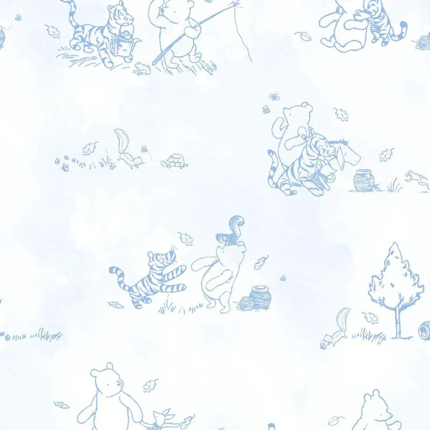 The Magnetic Me Pooh in the Woods Footie showcases charming illustrations of bear, tiger, and donkey characters engaging in activities like fishing, playing, and walking. These playful scenes are rendered in a light blue sketch style against a white background. The outfits are designed for easy dressing with the eco-friendly comfort of TENCEL™ modal.