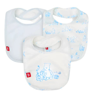 Introducing the Magnetic Me Pooh in the Woods Bib 3-Pack: a set of three eco-friendly TENCEL™ modal baby bibs, featuring charming blue illustrations of bears and tigers. Each bib is designed with a SewSafe™ magnetic closure for easy and safe wear.