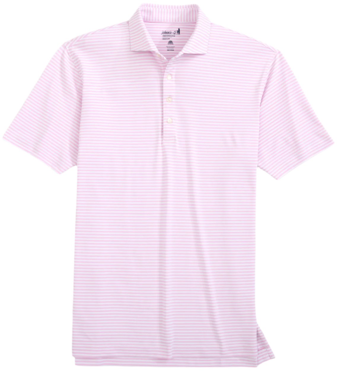 The Johnnie-O Stetsons Polo by Johnnie-O is a lightweight polo shirt with a short sleeve design, featuring light pink and white stripes. It includes a collar and three buttons down the front.