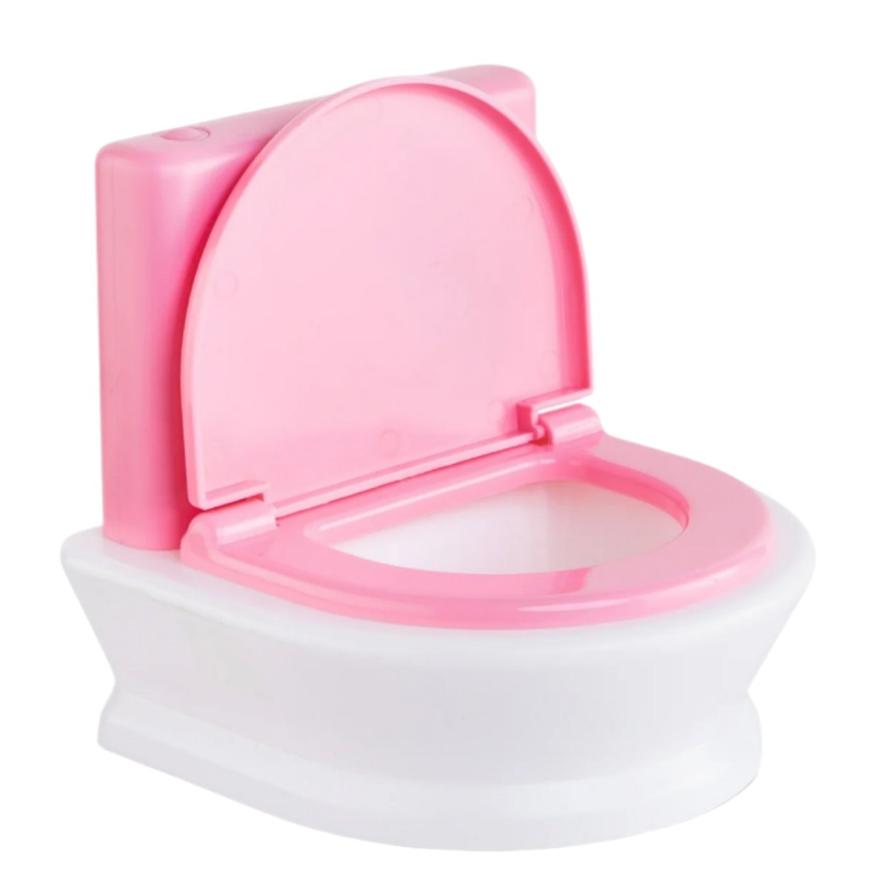 The Corolle Interactive Toilet, part of the Mon Grand Poupon Corolle Collection, features a pink lid and a white base. This plastic toy is perfect for enhancing playtime with your baby doll, offering an interactive experience against a simple background.