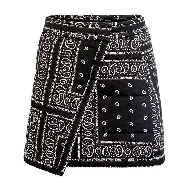 The Powell Skirt by Hunter Bell NYC is a black and white wrap silhouette with a patchwork bandana print and front square pocket—an effortless statement piece for your wardrobe.