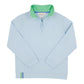 The Beaufort Bonnet Company Baby Boys' and Boys' Prepletic™ Hayword Half Zip in light blue features a Grace Bay Green inner collar and a small blue and green stripe near the lower left hem.