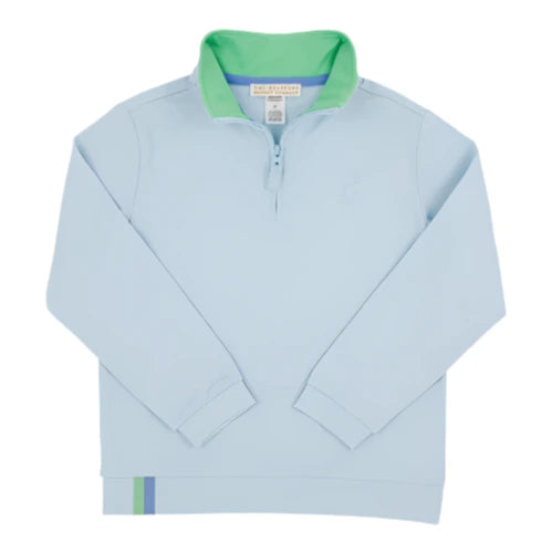 The Beaufort Bonnet Company Baby Boys' and Boys' Prepletic™ Hayword Half Zip in light blue features a Grace Bay Green inner collar and a small blue and green stripe near the lower left hem.