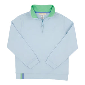 The Beaufort Bonnet Company Baby Boys' and Boys' Prepletic™ Hayword Half Zip in light blue features a Grace Bay Green inner collar and a small blue and green stripe near the lower left hem.