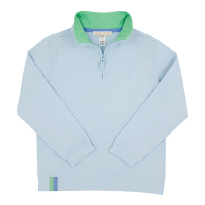 The Beaufort Bonnet Company Baby Boys' and Boys' Prepletic™ Hayword Half Zip in light blue features a Grace Bay Green inner collar and a small blue and green stripe near the lower left hem.