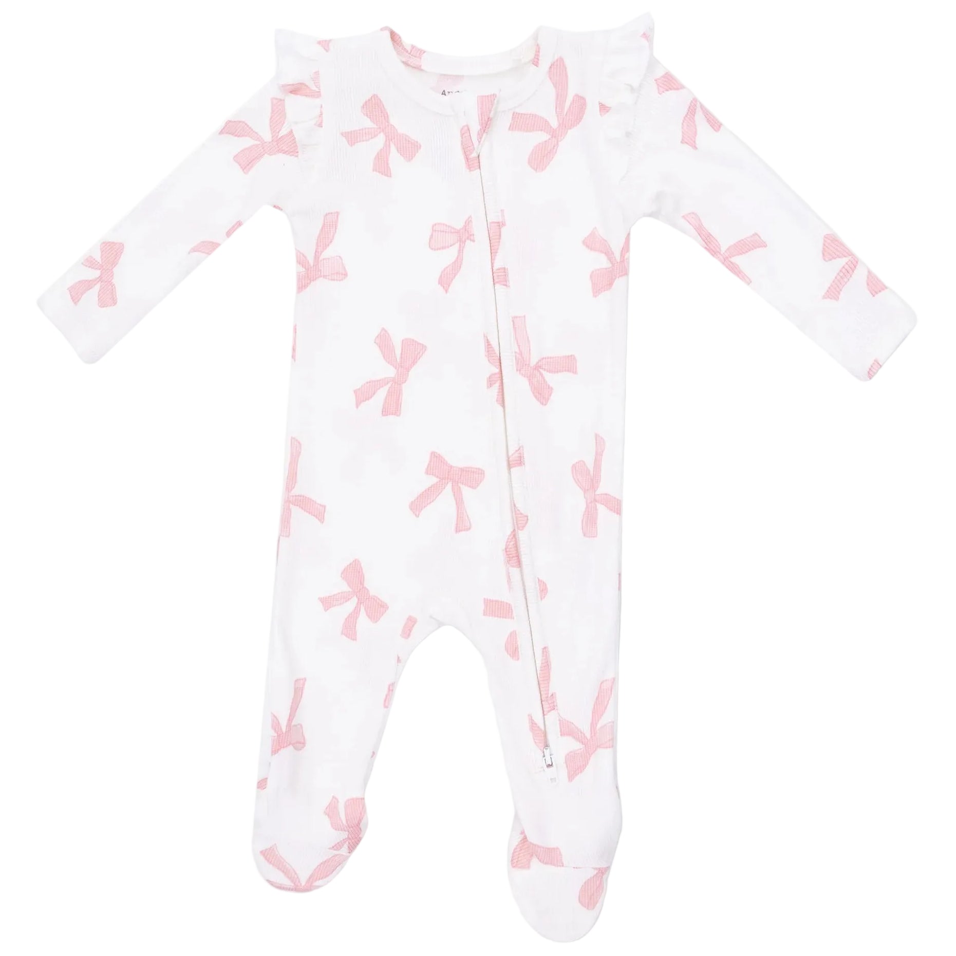 The Angel Dear Baby Girls’ 2-Way Ruffle Sleeve Zipper Footie features long sleeves, ruffle shoulders, and a pink bow pattern with a diagonal zipper closure. It is crafted from soft ribbed modal fabric for added comfort.