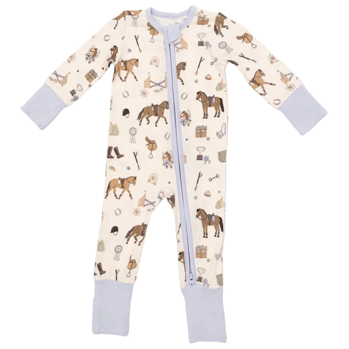 Angel Dear’s Baby Convertible Romper is crafted from cream-colored bamboo fiber with light gray cuffs and a front zipper. This adorable romper features an all-over print of horses, children, and riding gear, offering comfort and versatility for your little one.