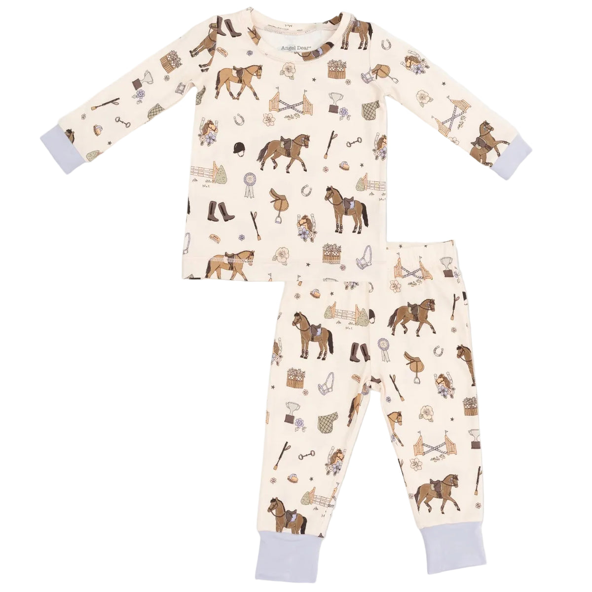 The Angel Dear Baby and Kids’ Long Sleeve Loungewear Set features a charming horse and equestrian-themed print in brown and beige tones, complemented by light blue cuffs on the sleeves and pant legs—making it an ideal choice for cozy pajamas or stylish loungewear for your little one.