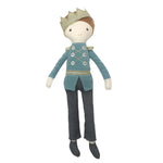 The MON AMI Prince Jean Luc Heirloom Doll by Mon Ami is perfect for room decor, featuring an elegant design with a crown, blue jacket adorned with decorative buttons, and dark pants.