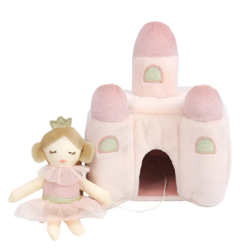 The MON AMI Princess Castle by Mon Ami is a delightful pink plush toy designed for imaginative play, showcasing a small plush princess doll in a crown and pink dress against a vibrant white background.