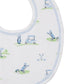 The Kissy Kissy Fairway Foursome Printed Bib, made from soft Pima cotton, showcases charming golf-themed illustrations like clubs, carts, and flags—perfect for stylishly handling baby mealtime messes.