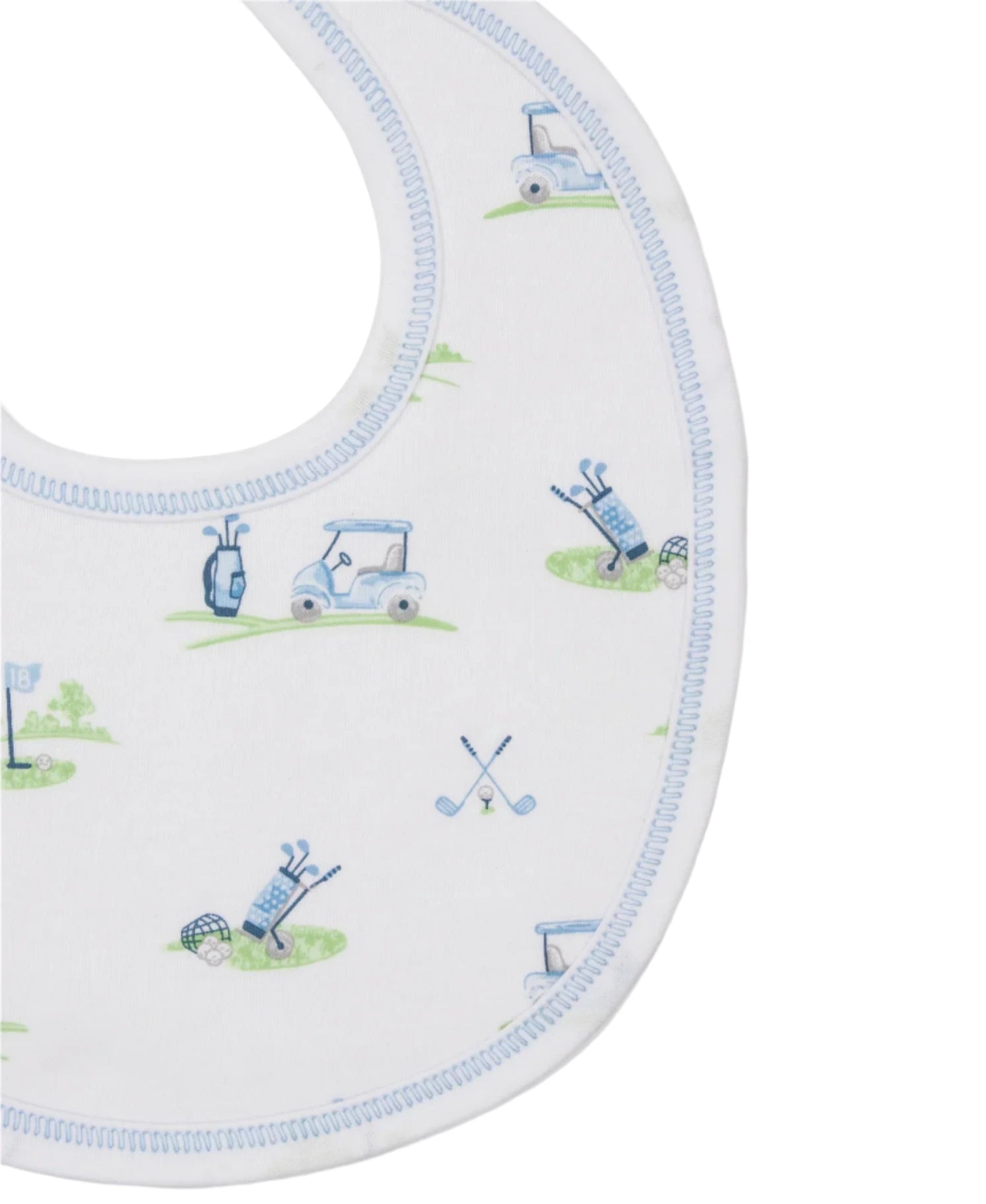 The Kissy Kissy Fairway Foursome Printed Bib, made from soft Pima cotton, showcases charming golf-themed illustrations like clubs, carts, and flags—perfect for stylishly handling baby mealtime messes.