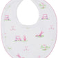 The Kissy Kissy Fairway Foursome Printed Bib is perfect for baby mealtime, featuring golf carts, clubs, and flags. Made from soft Pima cotton with pink trim, it adds a charming touch.