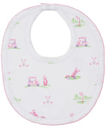 The Kissy Kissy Fairway Foursome Printed Bib is perfect for baby mealtime, featuring golf carts, clubs, and flags. Made from soft Pima cotton with pink trim, it adds a charming touch.