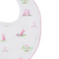 Explore the charming Kissy Kissy Fairway Foursome Bib, featuring golf carts, clubs, and flags on white Pima cotton with adorable pink trim—an ideal baby mealtime essential.