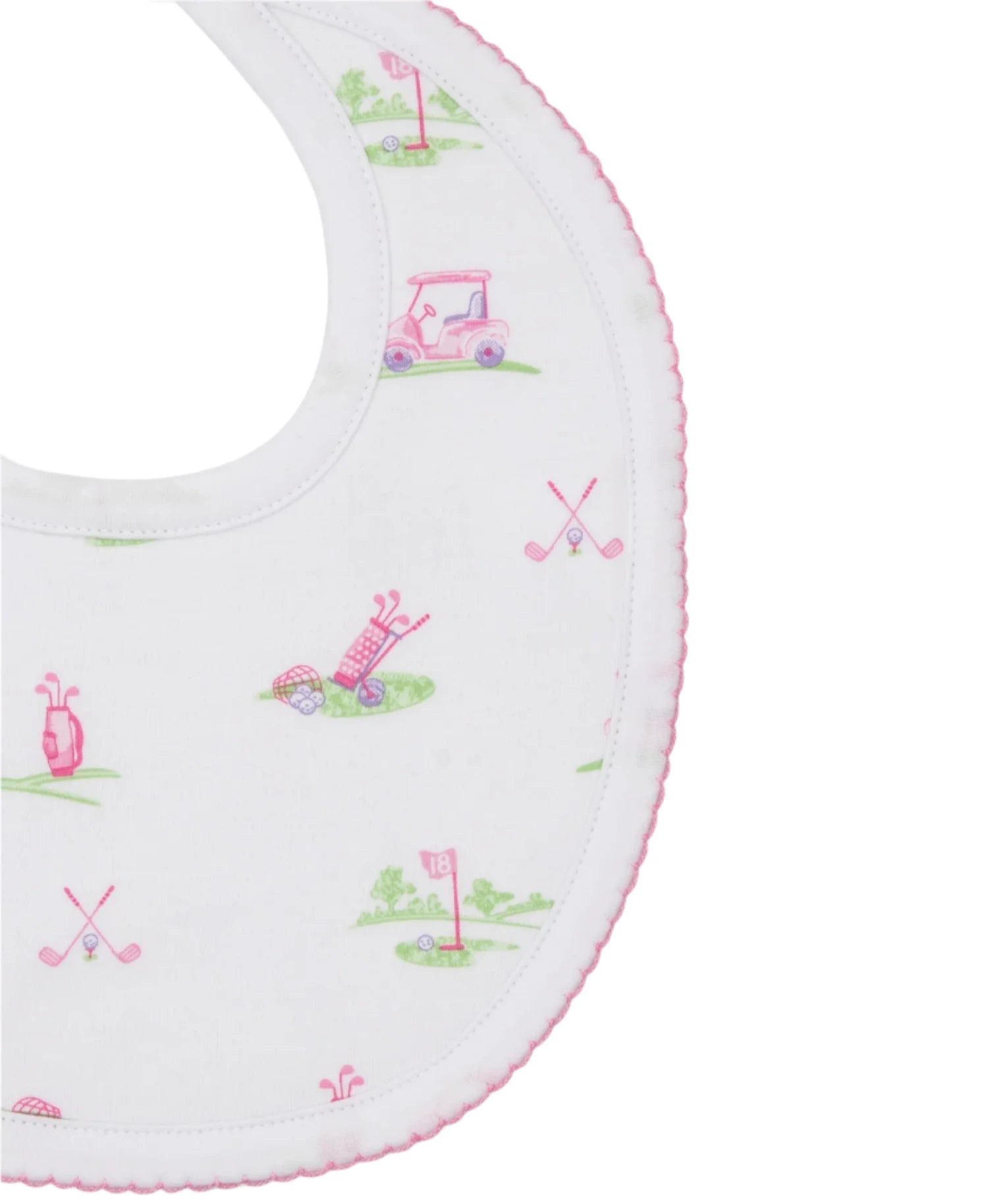 Explore the charming Kissy Kissy Fairway Foursome Bib, featuring golf carts, clubs, and flags on white Pima cotton with adorable pink trim—an ideal baby mealtime essential.