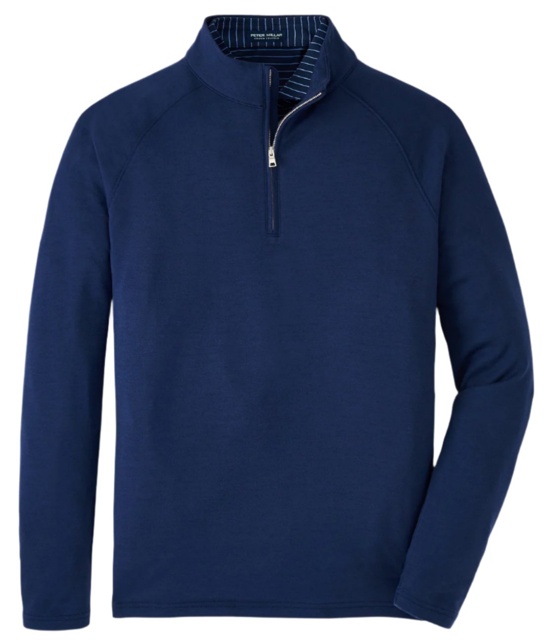 The Peter Millar Excursionist Flex Performance Pullover is a luxurious Merino wool quarter-zip in blue, featuring a striped inner collar for ultimate comfort.