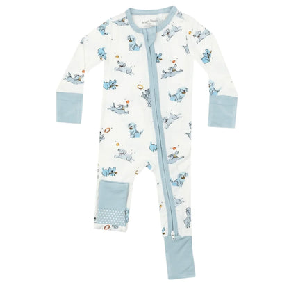 The Angel Dear Playful Puppies 2-Way Zip Romper, designed by Angel Dear, is a white baby onesie made from bamboo fiber fabric, ideal for sensitive skin. It features an adorable blue dog and frisbee pattern with light blue cuffs and includes a convenient 2-WAY zipper style for easy changing.