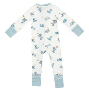 Angel Dear's Playful Puppies 2-Way Zip Romper is designed for children, made from soft bamboo fiber that caters to sensitive skin. It features a charming print of dogs and balls, with blue cuffs, and is displayed flat from the back.