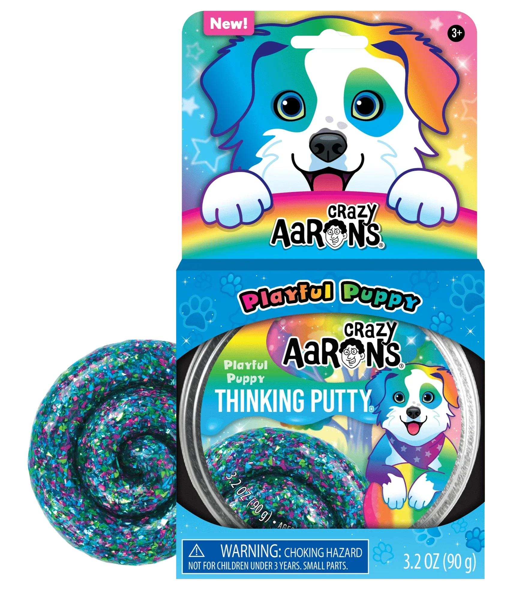 The packaging of Crazy Aarons' Crazy Aaron's Thinking Putty in the Playful Puppy theme showcases a charming dog illustration. Crafted from non-toxic silicone, this blue glittery putty serves as an effective tool for sensory integration, providing limitless squishy enjoyment and imaginative play for people of all ages.