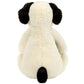 The Jellycat Bashful Black & Cream Puppy, Really Big is an ultra-soft plush toy featuring a cream-colored body that sits turned away. This adorable polyester puppy is highlighted by its endearing black ears and a petite black tail.