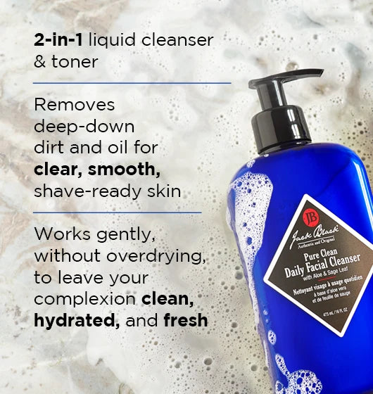 A blue bottle of Jack Black Pure Clean Daily Facial Cleanser showcases its 2-in-1 liquid cleanser and toner benefits for clear, hydrated, and shave-ready skin.