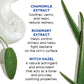 Chamomile, rosemary, and witch hazel extracts are shown with leaves and cream, alongside text highlighting their skin-soothing and antimicrobial benefits—making Jack Black Pure Clean Daily Facial Cleanser an ideal choice for a gentle toner or for preparing shave-ready skin.