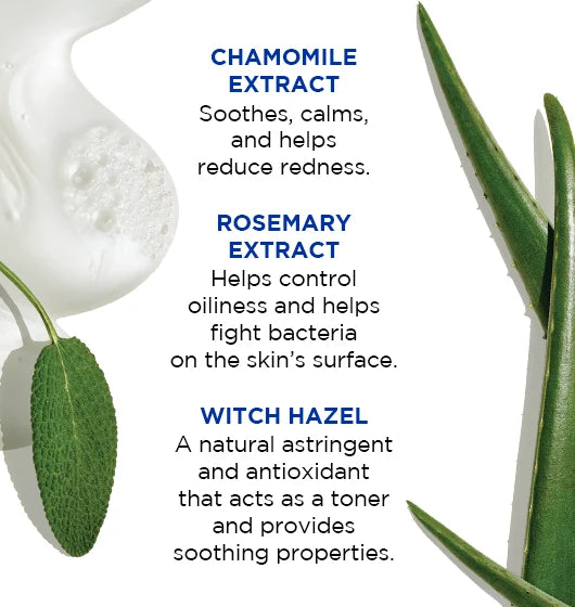 Chamomile, rosemary, and witch hazel extracts are shown with leaves and cream, alongside text highlighting their skin-soothing and antimicrobial benefits—making Jack Black Pure Clean Daily Facial Cleanser an ideal choice for a gentle toner or for preparing shave-ready skin.