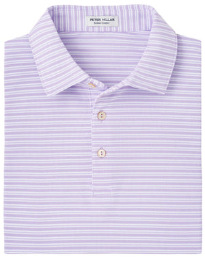 Folded Peter Millar Dellroy Performance Mesh Polo in lavender and white stripes with a collared design featuring three buttons, made from moisture-wicking fabric, neatly presented with a visible Peter Millar label at the collar.