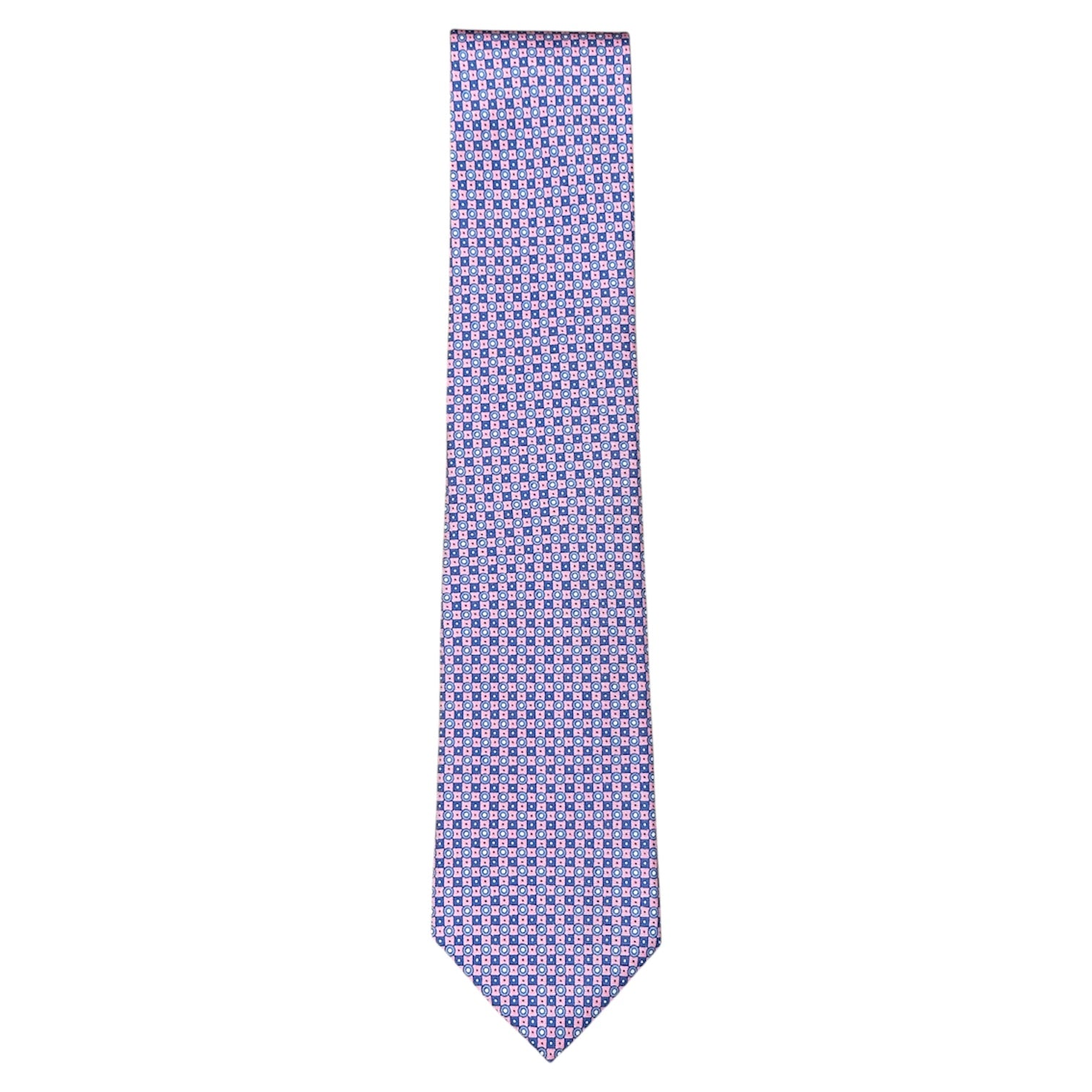 The Robert Jensen Checkerboard Tie features a light purple with blue and white geometric patterns—ideal for formal events and showcased on a crisp white background.