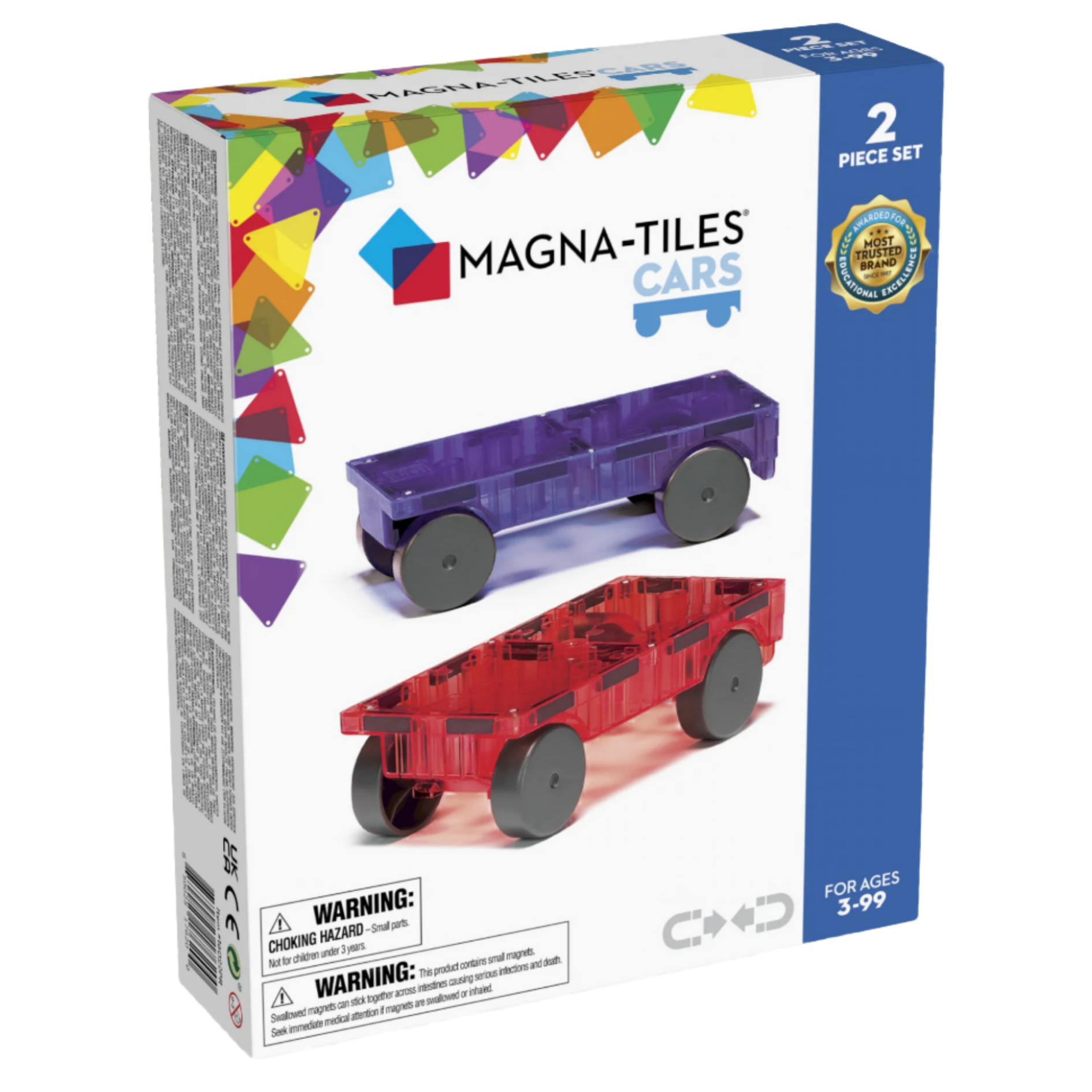 Box of Magnatiles MAGNA-TILES® Cars 2-Piece Expansion Set for ages 3-99, featuring translucent purple and red vehicle chassis with black wheels. Box includes two hazard warnings.