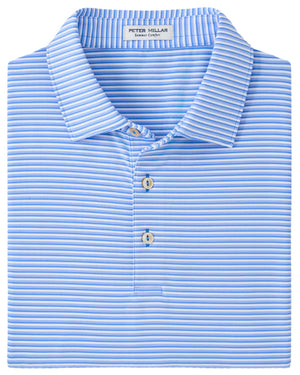 The Peter Millar Cedar Performance Jersey Polo in a folded blue and white striped design features buttons and offers four-way stretch for ultimate summer comfort.