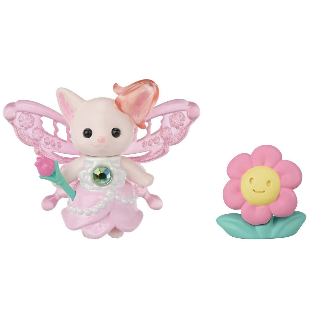A small Calico Critters Nectar Fairy cat figurine with pink wings and dress stands next to a smiling pink flower figurine with a green base, as if welcoming you into the enchanting world of Fairytale Tower.