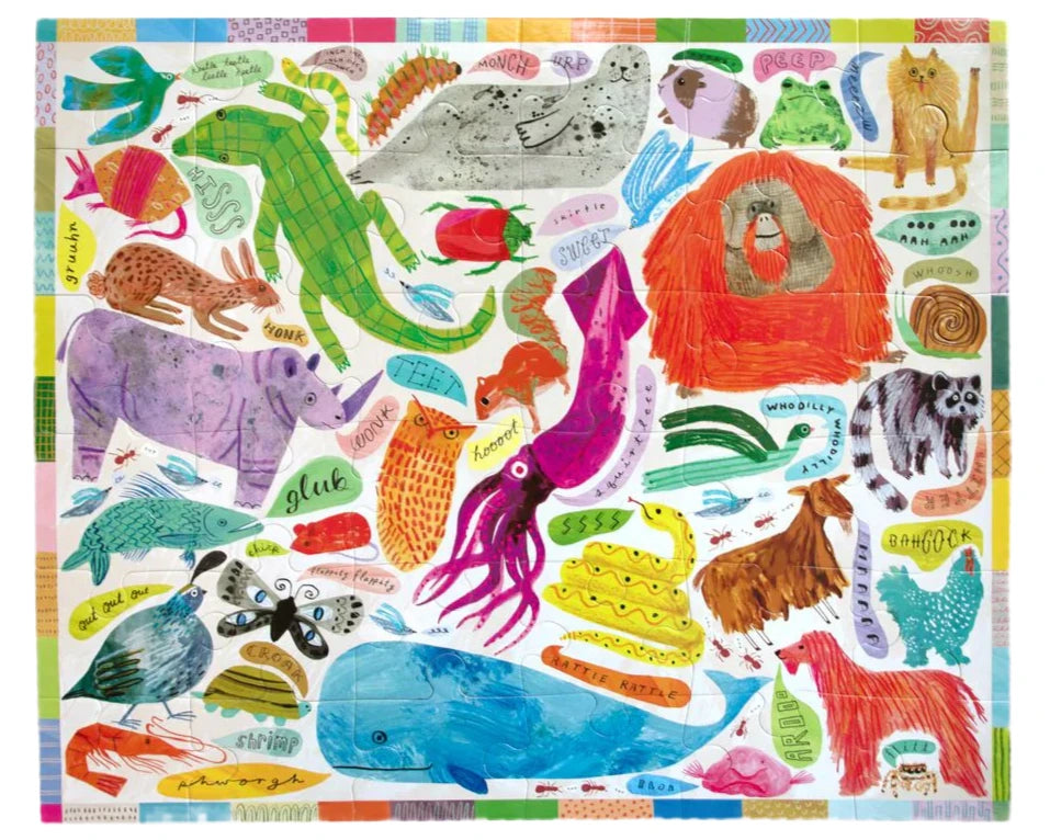 The Eeboo Animal Voices 36 Piece Giant Puzzle features colorful illustrations of a crocodile, walrus, whale, owl, and squid with playful animal sounds and a patchwork border—perfect for children.