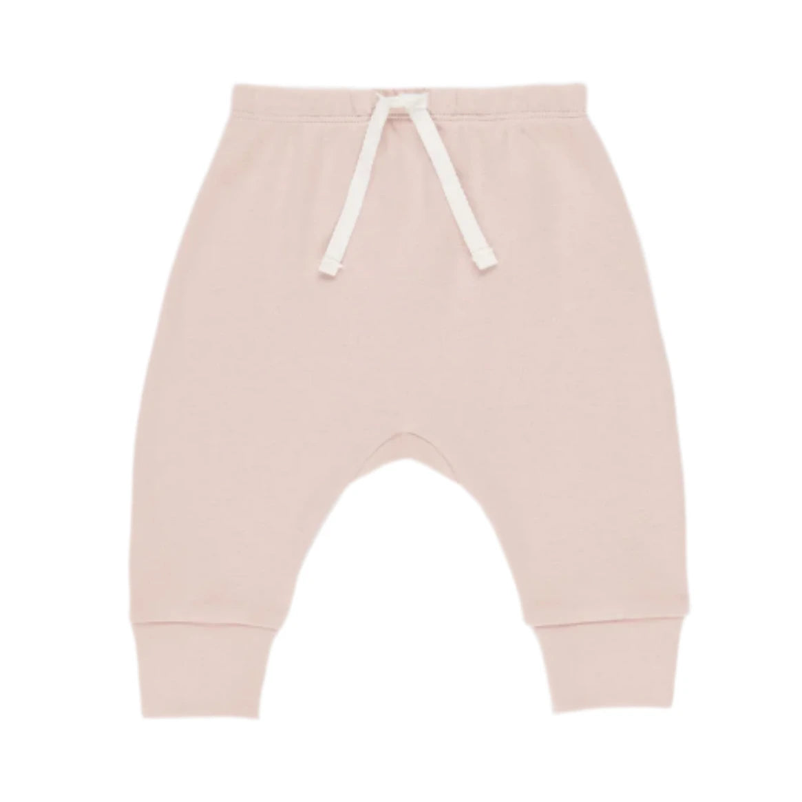 The Quincy Mae Baby Girls' Drawstring Pant features a light pink bubblegum hue, soft organic fabric, elastic waistband, and cuffed ankles for a relaxed fit, shown on a white background.