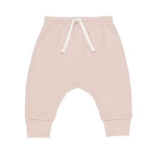 The Quincy Mae Baby Girls' Drawstring Pant features a light pink bubblegum hue, soft organic fabric, elastic waistband, and cuffed ankles for a relaxed fit, shown on a white background.